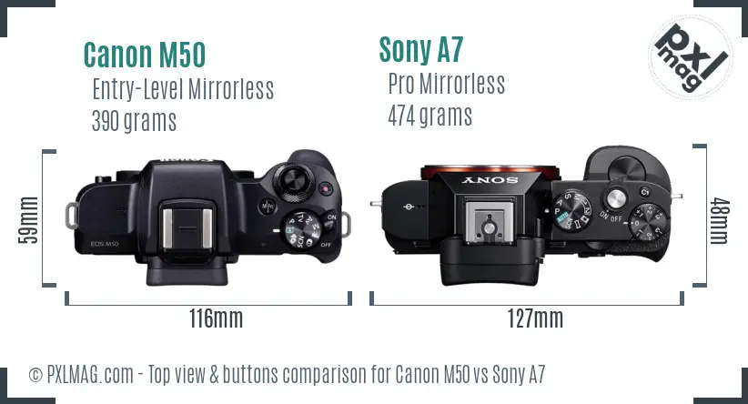 Canon M50 vs Sony A7 top view buttons comparison