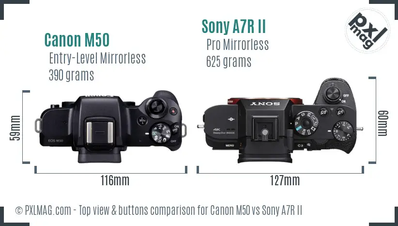 Canon M50 vs Sony A7R II top view buttons comparison