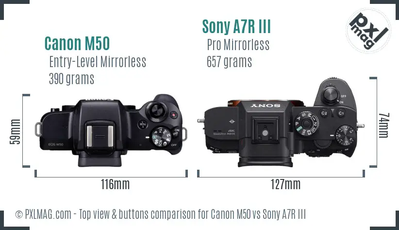 Canon M50 vs Sony A7R III top view buttons comparison