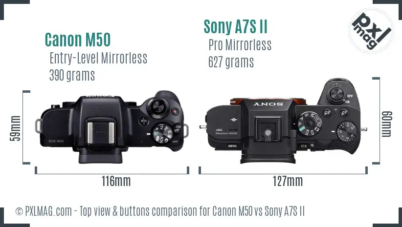 Canon M50 vs Sony A7S II top view buttons comparison