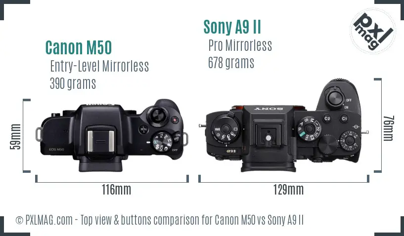 Canon M50 vs Sony A9 II top view buttons comparison