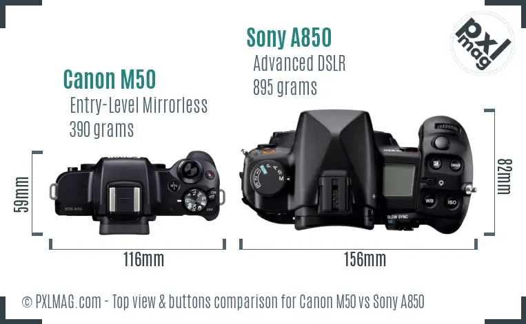 Canon M50 vs Sony A850 top view buttons comparison