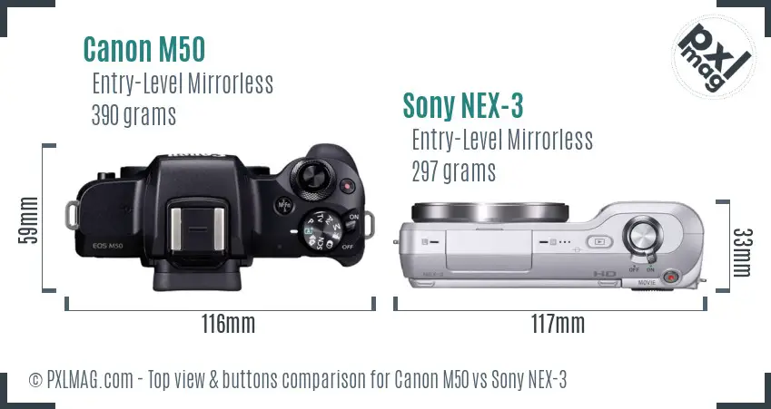 Canon M50 vs Sony NEX-3 top view buttons comparison