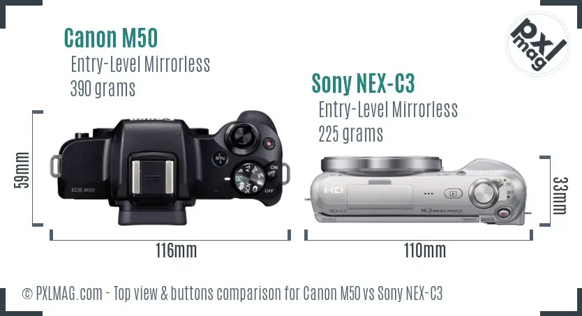 Canon M50 vs Sony NEX-C3 top view buttons comparison Canon M50 vs Sony NEX-C3 top view buttons comparison