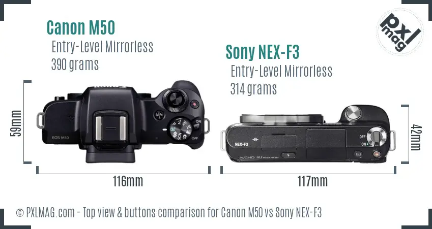 Canon M50 vs Sony NEX-F3 top view buttons comparison