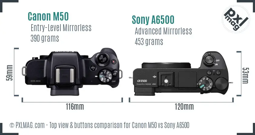 Canon M50 vs Sony A6500 top view buttons comparison