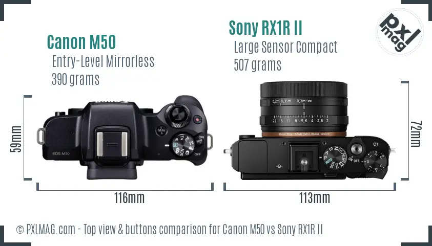 Canon M50 vs Sony RX1R II top view buttons comparison