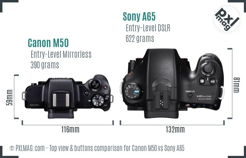 Canon M50 vs Sony A65 top view buttons comparison Canon M50 vs Sony A65 top view buttons comparison