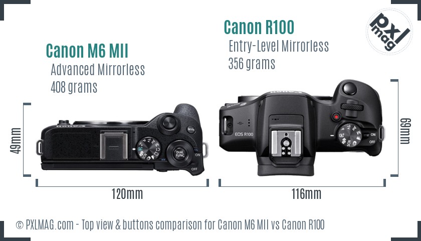 Canon M6 MII vs Canon R100 top view buttons comparison