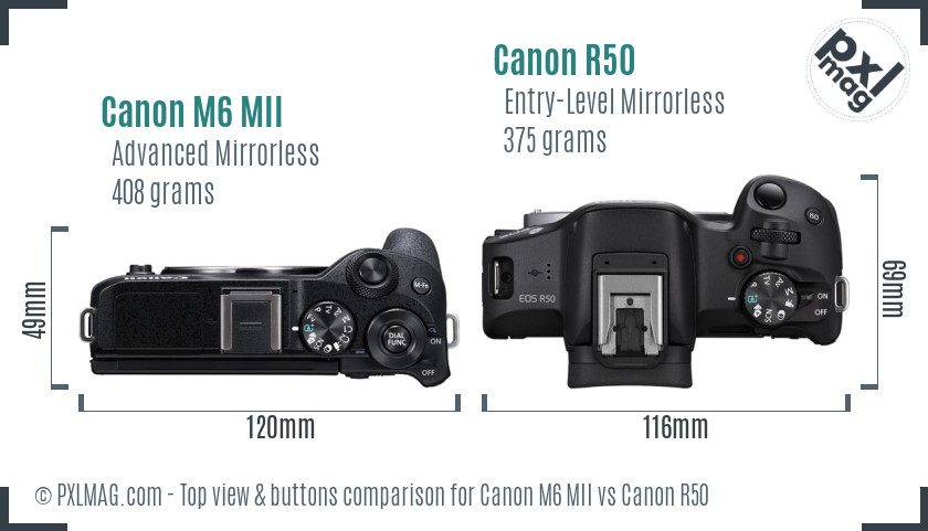 Canon M6 MII vs Canon R50 top view buttons comparison