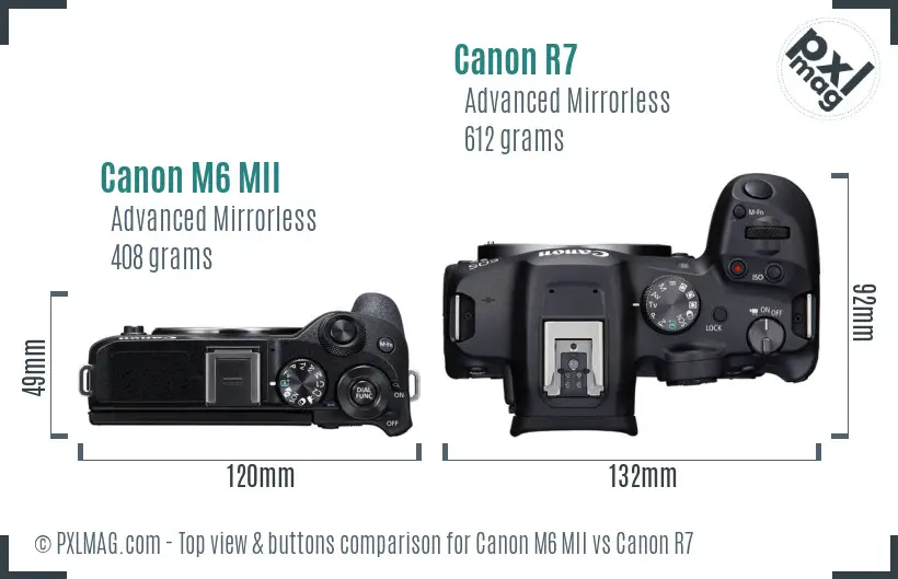 Canon M6 MII vs Canon R7 top view buttons comparison