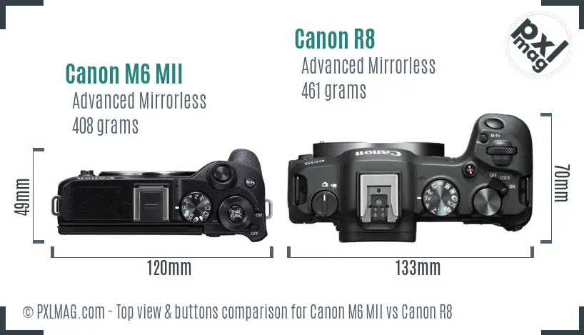 Canon M6 MII vs Canon R8 top view buttons comparison