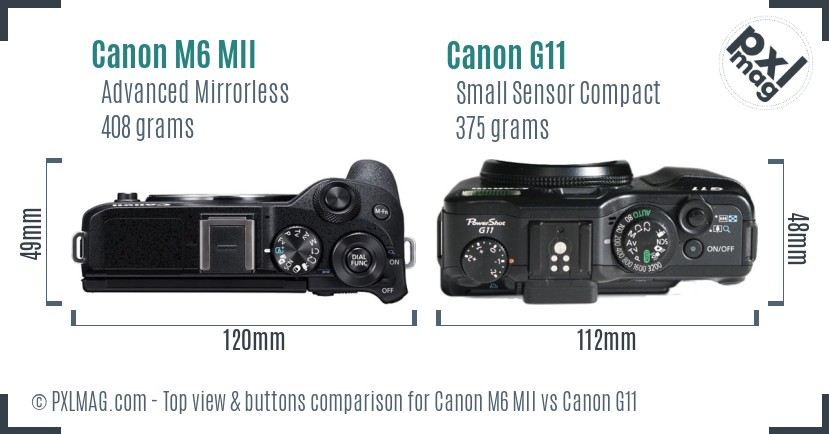 Canon M6 MII vs Canon G11 top view buttons comparison