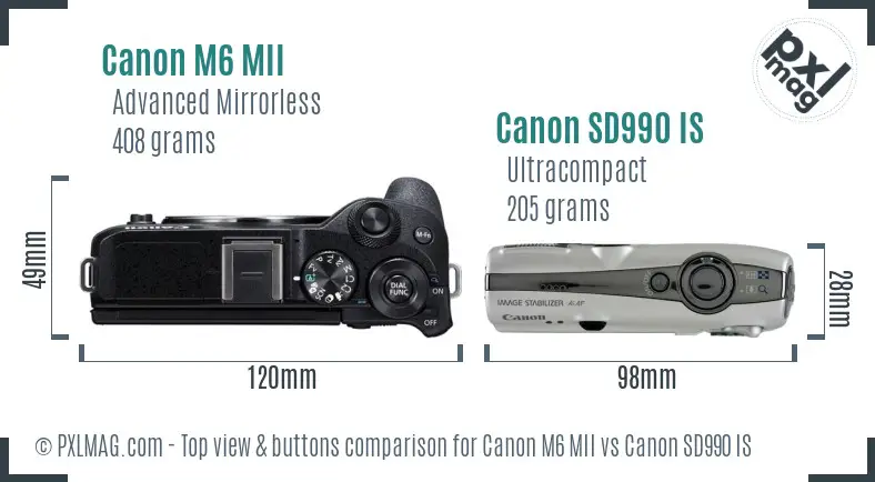 Canon M6 MII vs Canon SD990 IS top view buttons comparison Canon M6 MII vs Canon SD990 IS top view buttons comparison