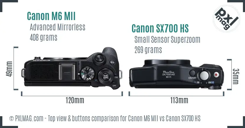 Canon M6 MII vs Canon SX700 HS top view buttons comparison