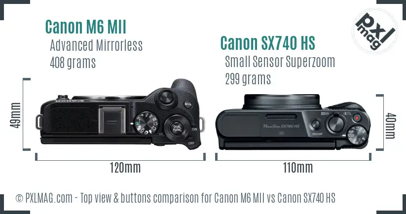 Canon M6 MII vs Canon SX740 HS top view buttons comparison