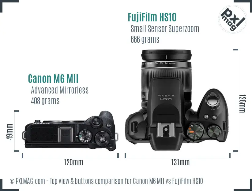 Canon M6 MII vs FujiFilm HS10 top view buttons comparison