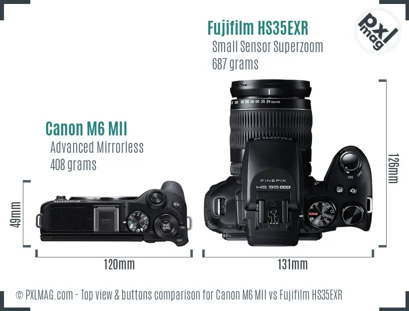Canon M6 MII vs Fujifilm HS35EXR top view buttons comparison Canon M6 MII vs Fujifilm HS35EXR top view buttons comparison