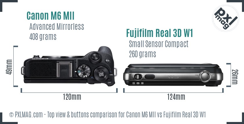 Canon M6 MII vs Fujifilm Real 3D W1 top view buttons comparison