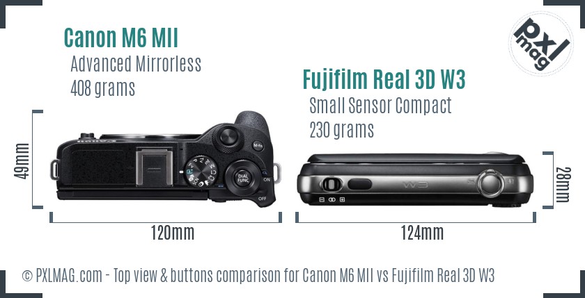 Canon M6 MII vs Fujifilm Real 3D W3 top view buttons comparison