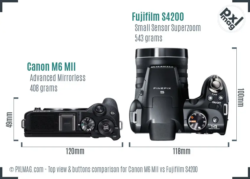 Canon M6 MII vs Fujifilm S4200 top view buttons comparison