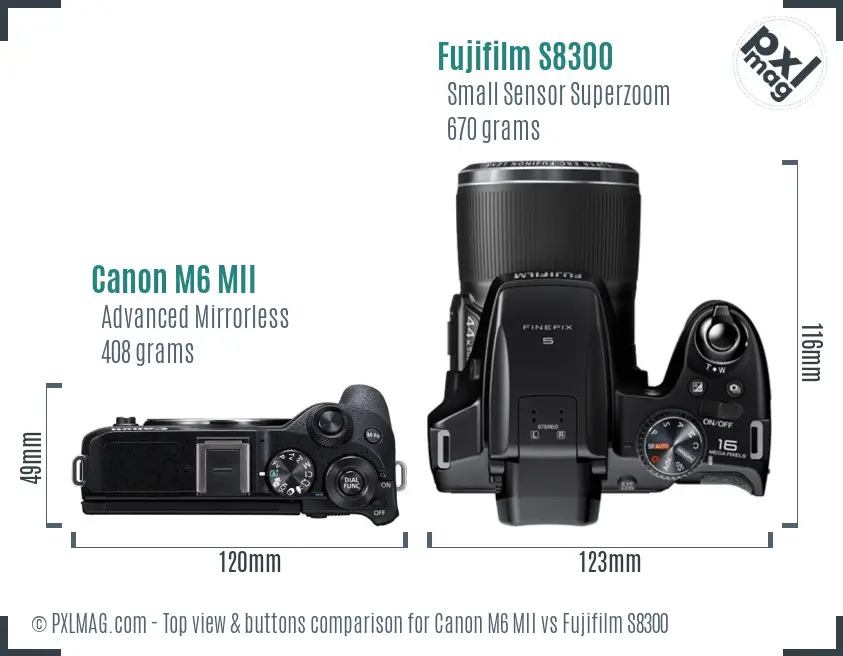 Canon M6 MII vs Fujifilm S8300 top view buttons comparison