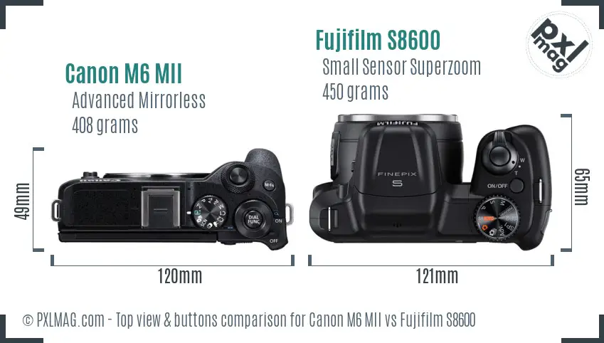 Canon M6 MII vs Fujifilm S8600 top view buttons comparison