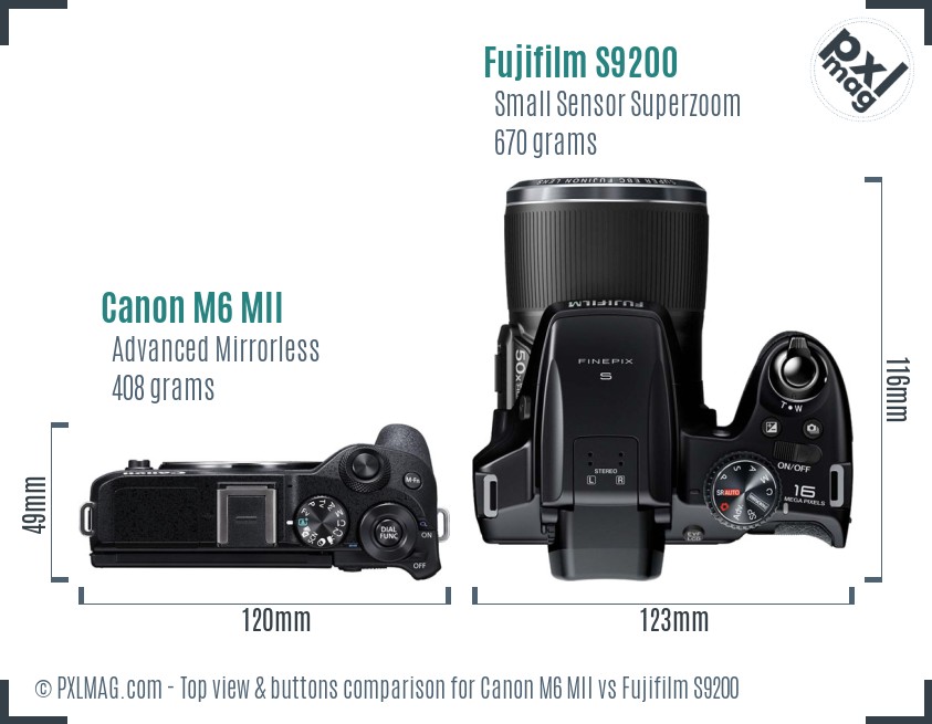Canon M6 MII vs Fujifilm S9200 top view buttons comparison