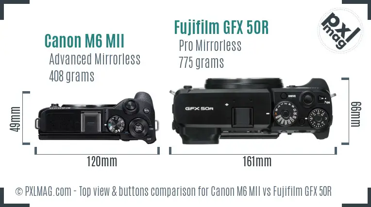 Canon M6 MII vs Fujifilm GFX 50R top view buttons comparison