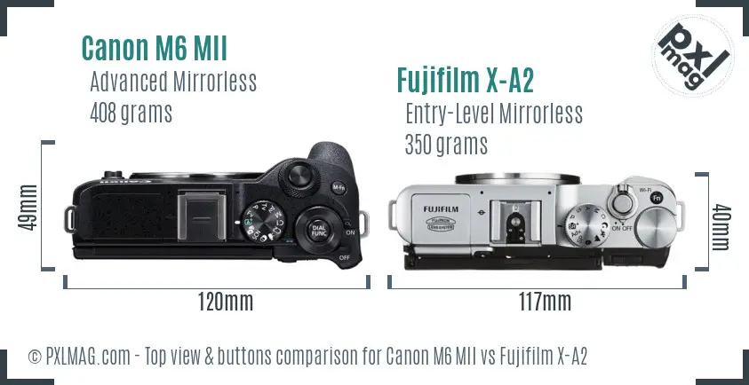 Canon M6 MII vs Fujifilm X-A2 top view buttons comparison
