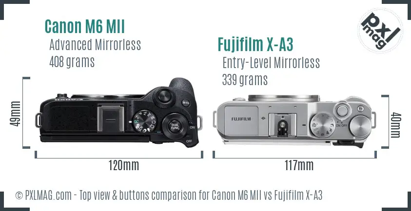 Canon M6 MII vs Fujifilm X-A3 top view buttons comparison