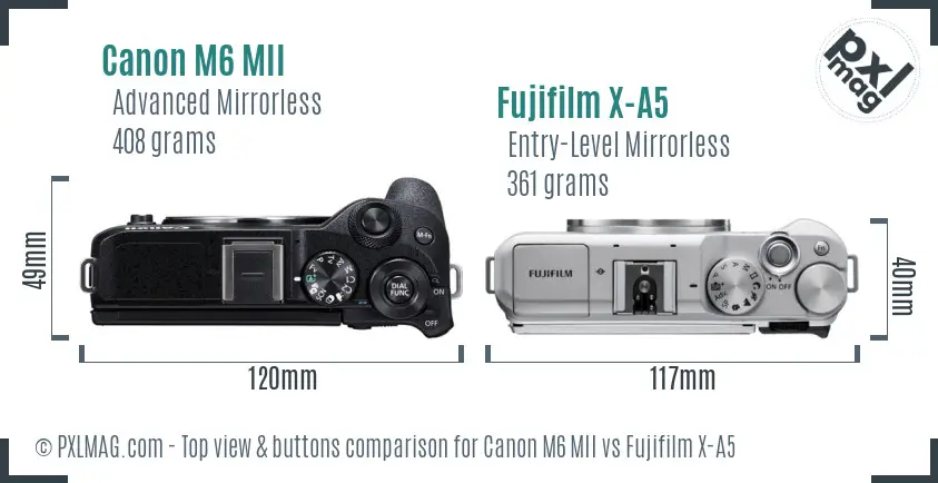 Canon M6 MII vs Fujifilm X-A5 top view buttons comparison