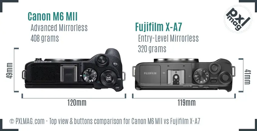 Canon M6 MII vs Fujifilm X-A7 top view buttons comparison