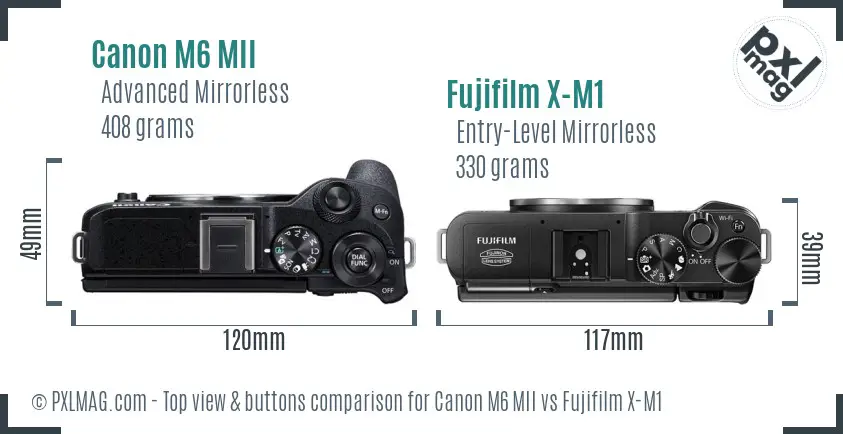 Canon M6 MII vs Fujifilm X-M1 top view buttons comparison