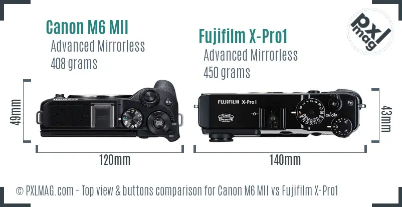 Canon M6 MII vs Fujifilm X-Pro1 top view buttons comparison