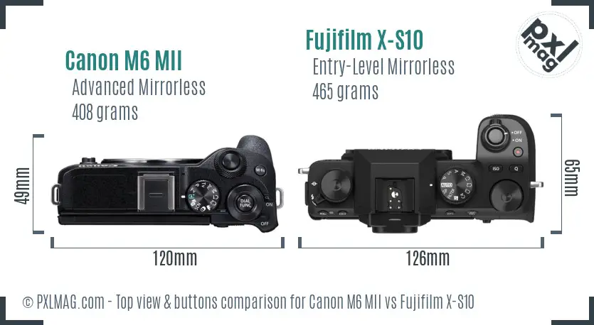Canon M6 MII vs Fujifilm X-S10 top view buttons comparison