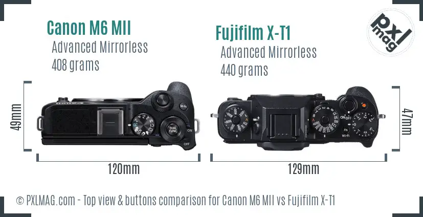 Canon M6 MII vs Fujifilm X-T1 top view buttons comparison