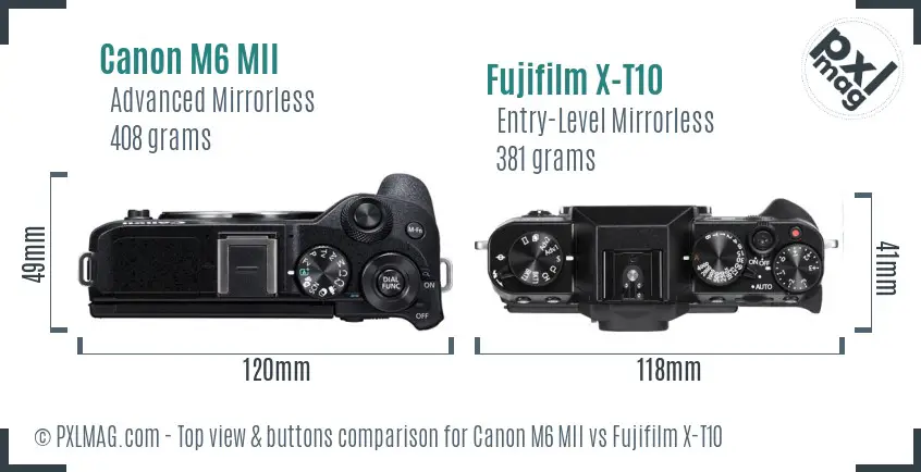 Canon M6 MII vs Fujifilm X-T10 top view buttons comparison