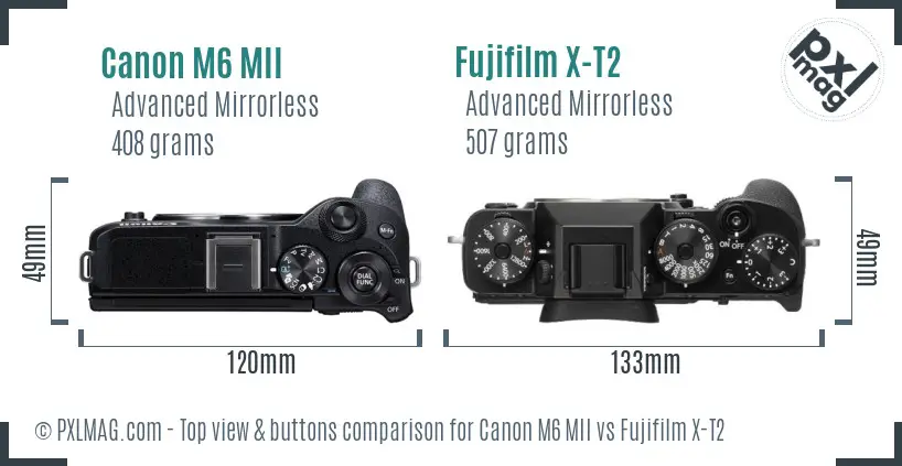 Canon M6 MII vs Fujifilm X-T2 top view buttons comparison