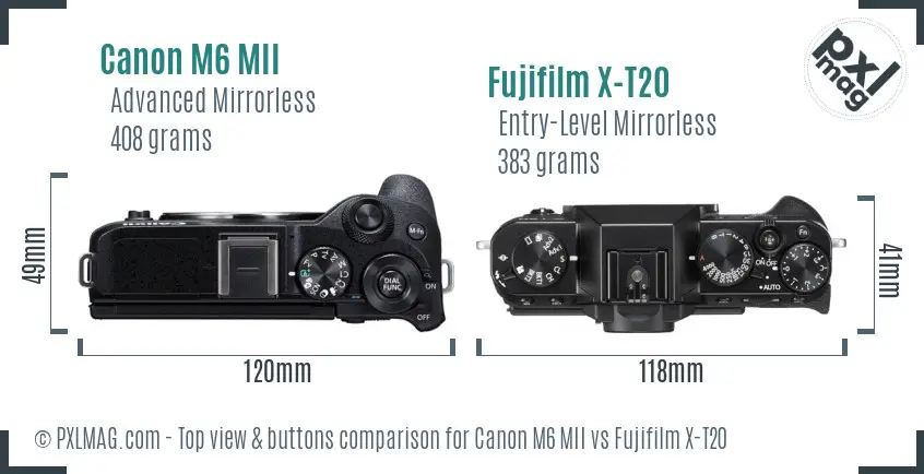 Canon M6 MII vs Fujifilm X-T20 top view buttons comparison