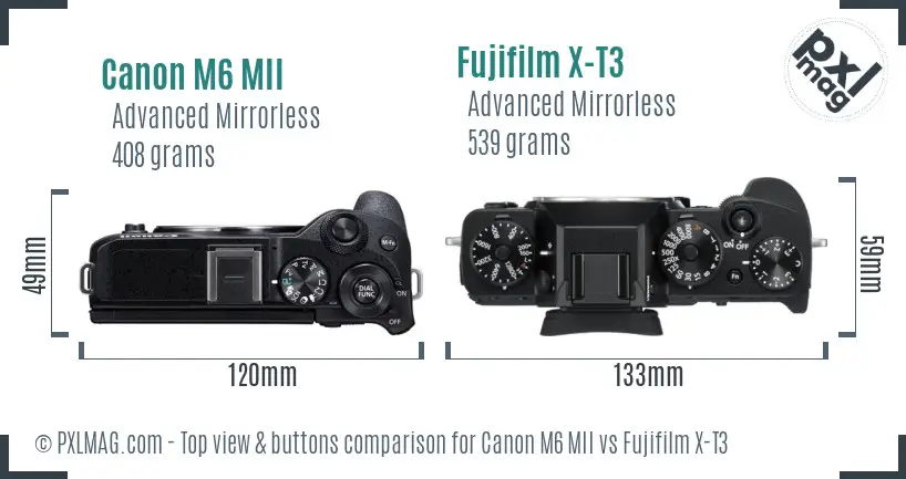 Canon M6 MII vs Fujifilm X-T3 top view buttons comparison