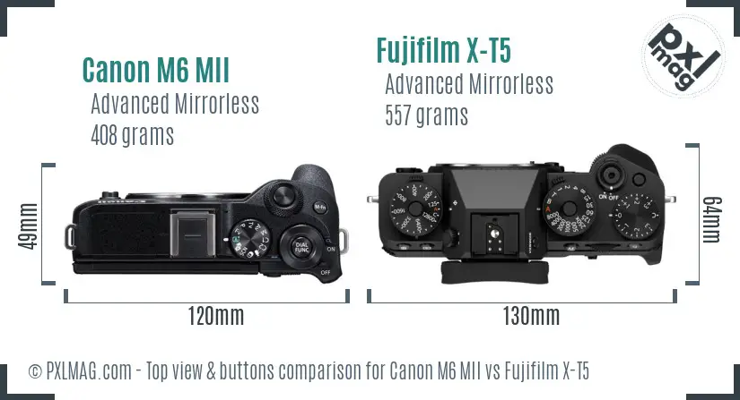 Canon M6 MII vs Fujifilm X-T5 top view buttons comparison