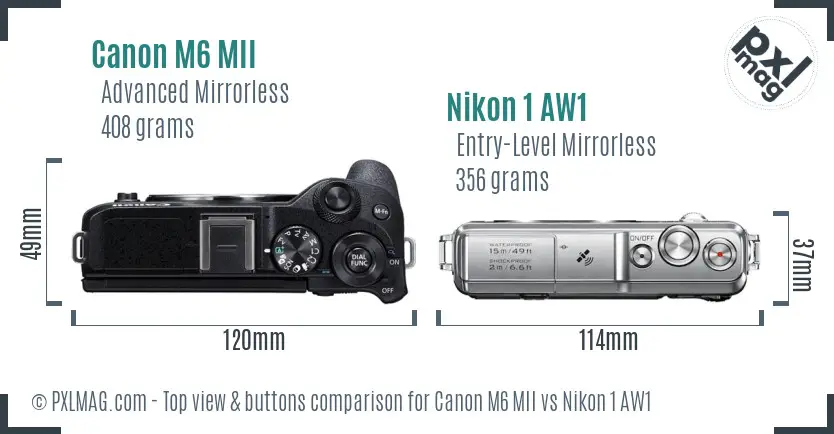Canon M6 MII vs Nikon 1 AW1 top view buttons comparison