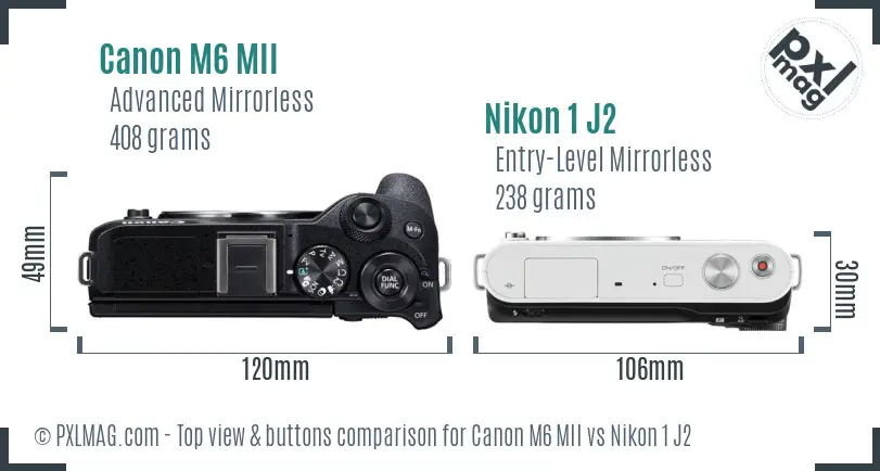 Canon M6 MII vs Nikon 1 J2 top view buttons comparison