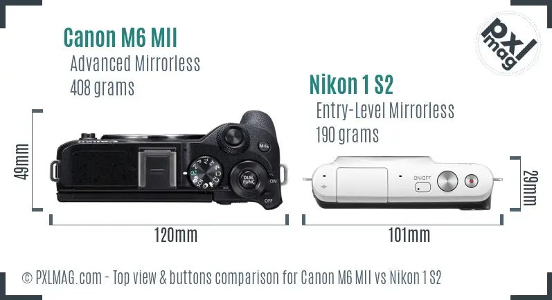 Canon M6 MII vs Nikon 1 S2 top view buttons comparison