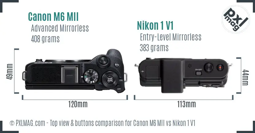 Canon M6 MII vs Nikon 1 V1 top view buttons comparison