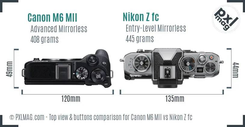Canon M6 MII vs Nikon Z fc top view buttons comparison Canon M6 MII vs Nikon Z fc top view buttons comparison