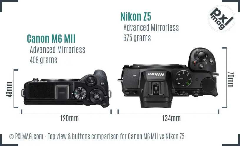 Canon M6 MII vs Nikon Z5 top view buttons comparison