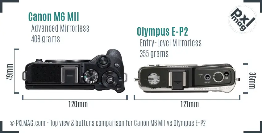 Canon M6 MII vs Olympus E-P2 top view buttons comparison