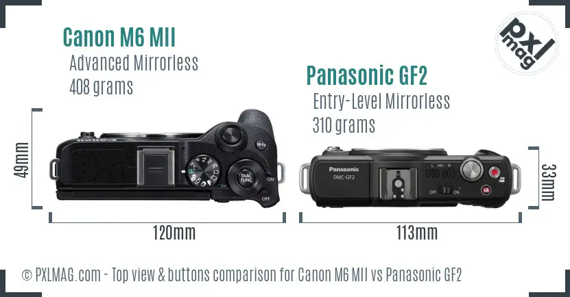 Canon M6 MII vs Panasonic GF2 top view buttons comparison